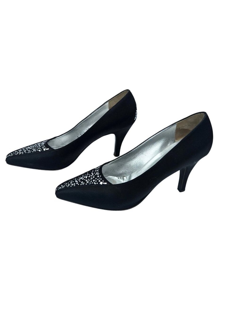 Vintage 90s St. John Black Silk Mirror Studded Pointed Toe Pumps Size 9.5